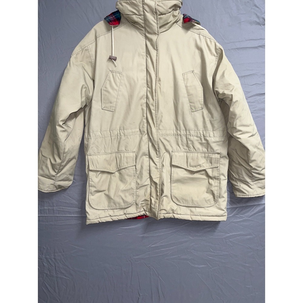 Vintage The Incrowd Collection Parka Jacket Mens Large Beige Flannel Plaid Lined